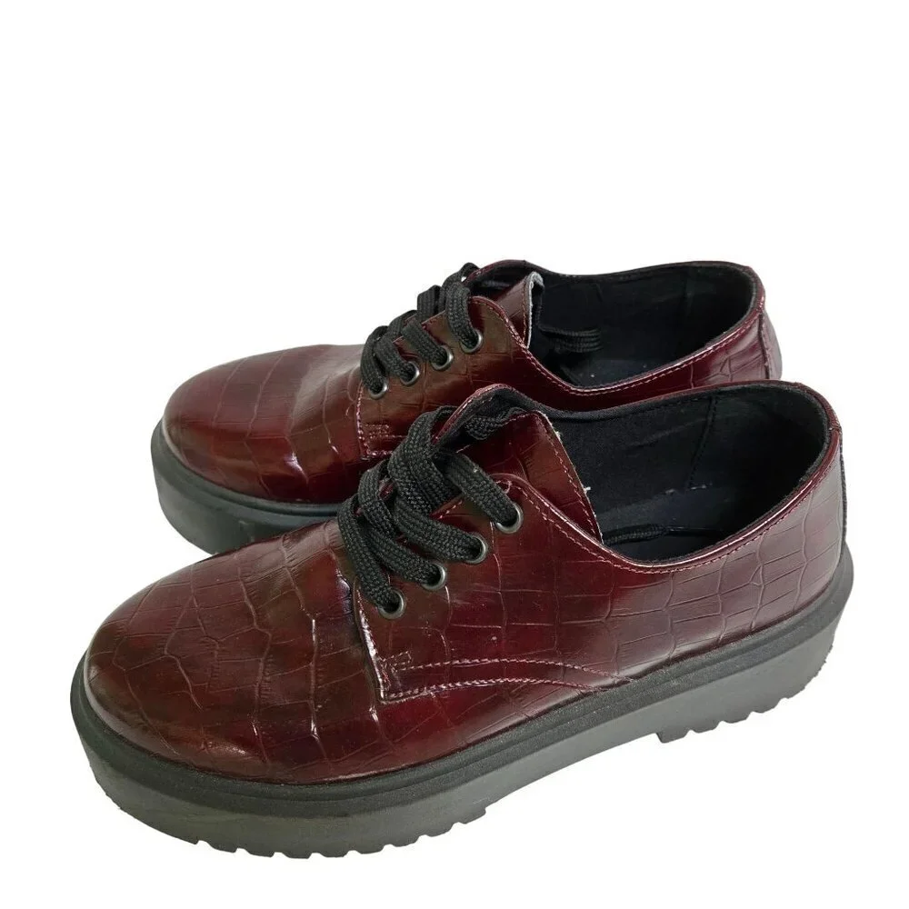 Asos Burgundy Chunky Lace Up Croc Embossed Oxford Dark Academia Shoes Size 7